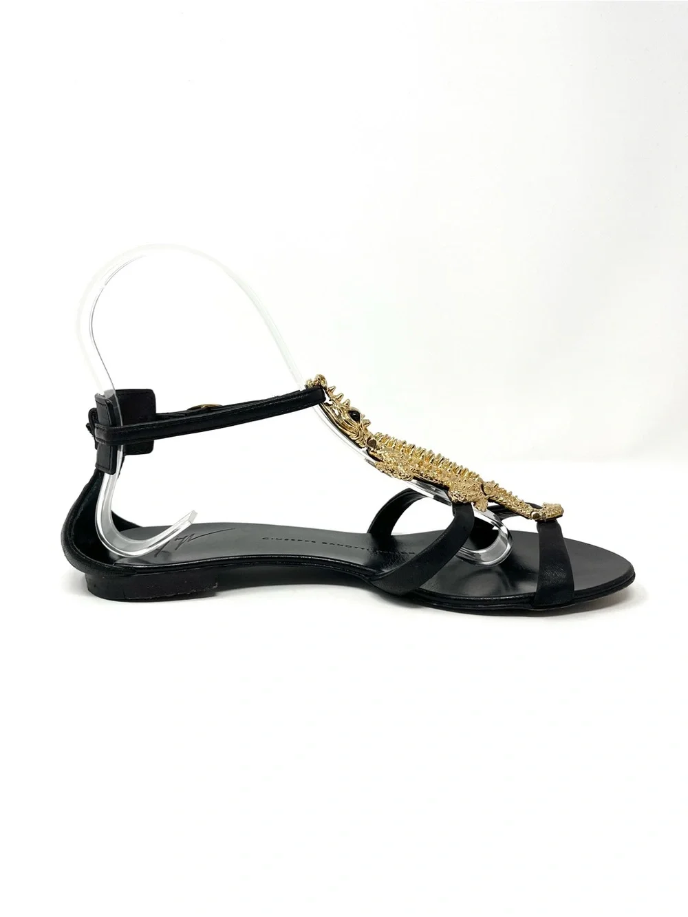 Giuseppe Zanotti Black Leather Gold Alligator Embellished Flat Sandals Flats 36